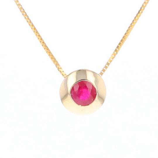 14KT Yellow Gold Round Brilliant Cut Ruby Bezel Set Solitaire Necklace