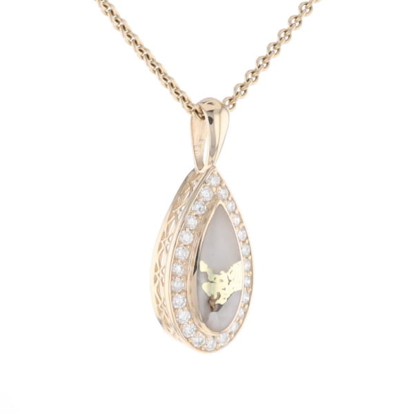 Gold Quartz Pendant Tear Drop Inlaid .42ctw Diamond Halo Design