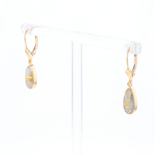 Gold Quartz Earrings Tear Drop Inlaid Lever Backs