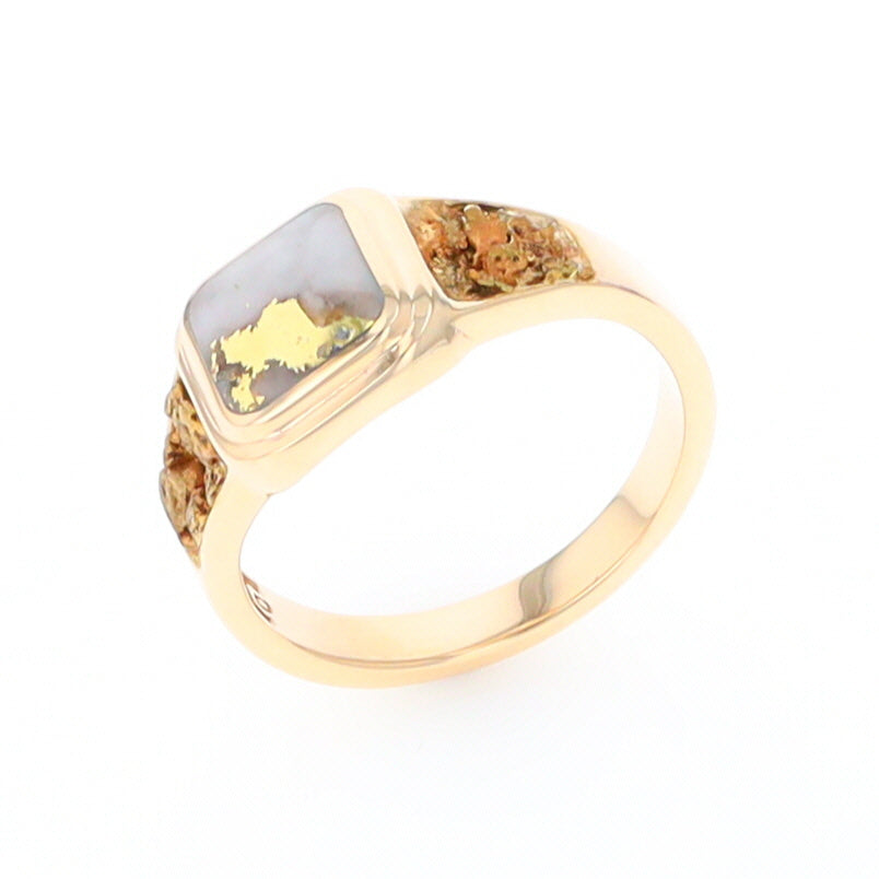 Gold Quartz Ring Square Inlaid Design Double Natural Nugget Sides
