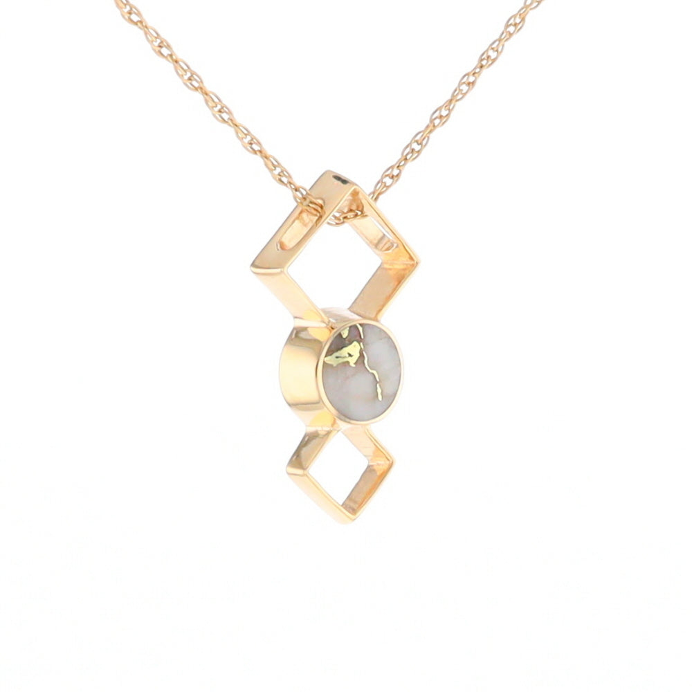 Gold Quartz Round Inlay Double Diamond Design Pendant