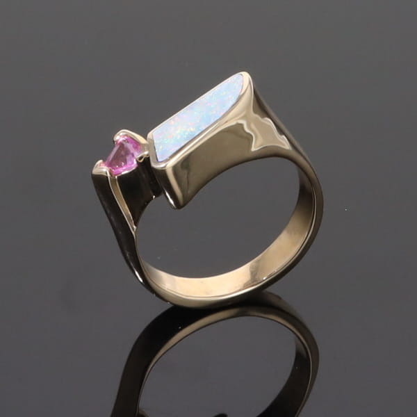 Opal Rings Geometric Inlaid with Pink Sapphire and .08ctw Diamonds