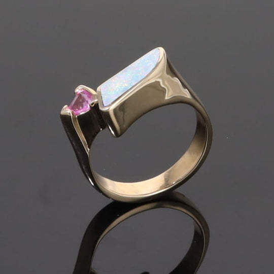Opal Rings Geometric Inlaid with Pink Sapphire and .08ctw Diamonds