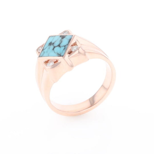Natural Turquoise ring diamond shape inlaid design with .16ctw round diamonds
