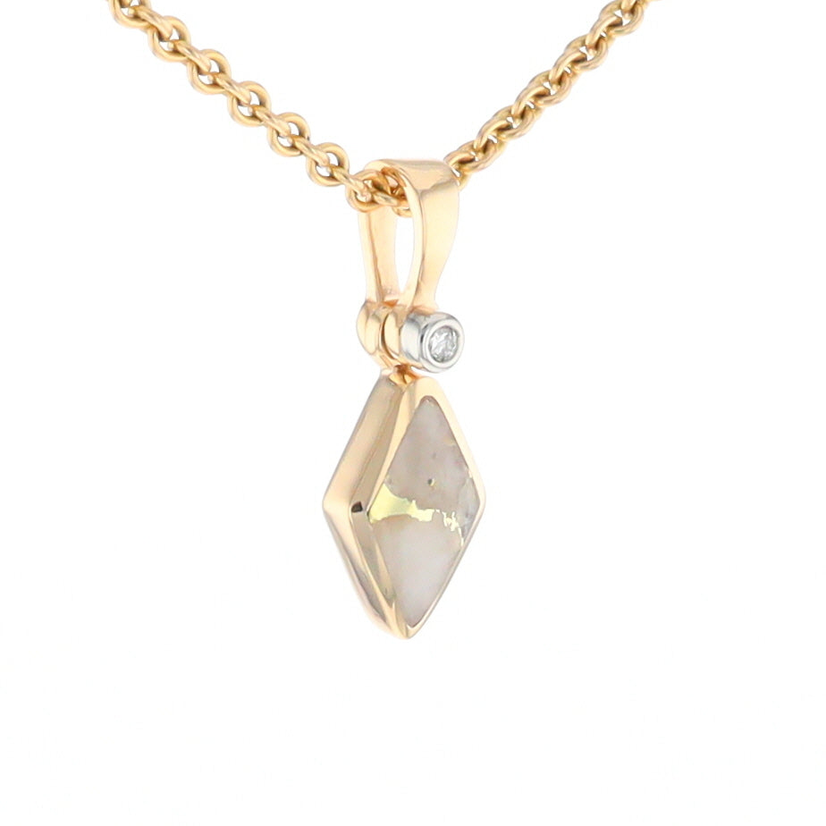 Gold Quartz Necklace Diamond Shape Inlaid Pendant with .02ct Diamond