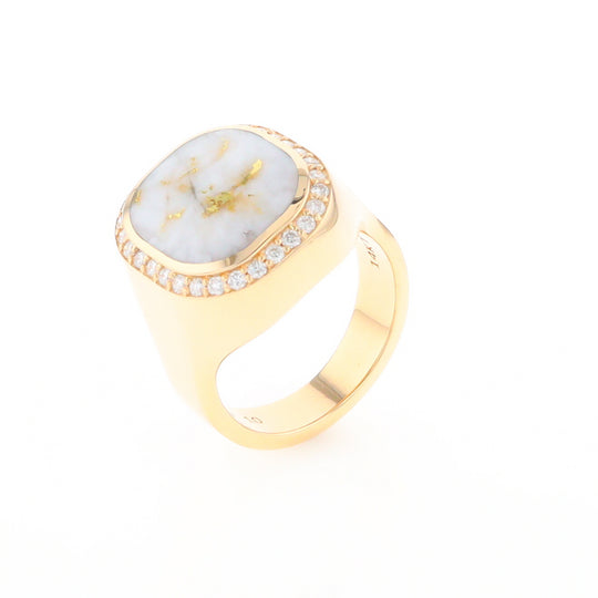 Gold Quartz Cushion Inlaid Men's Ring with Diamond Halo