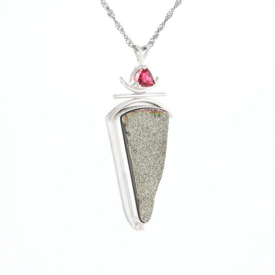 Druzy Quartz & Pink Trillion Tourmaline Pendant