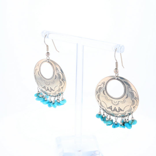 Stamped Silver Hook Earrings with Turquoise Dangles