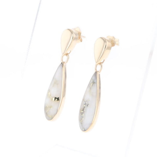 Gold Quartz Earrings Tear Drop Inlaid Design
