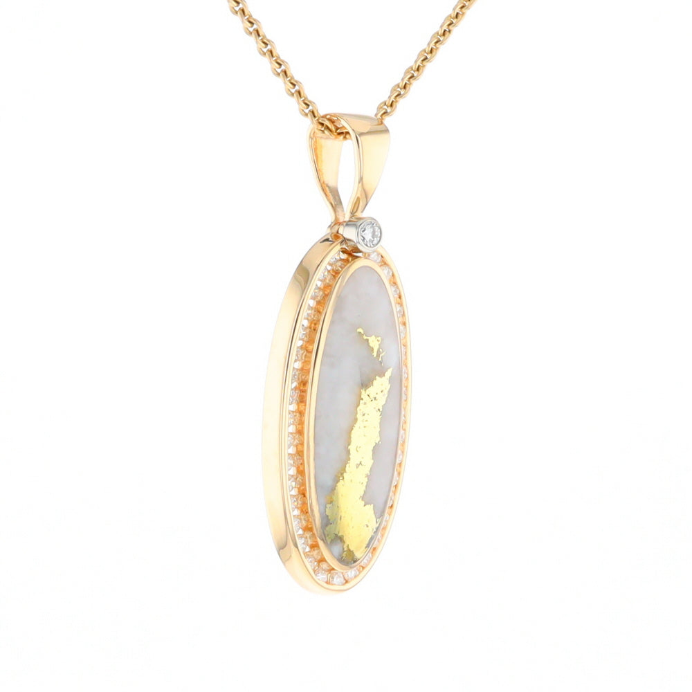 Gold Quartz Necklace .54ctw Halo Diamond Oval Inlaid Pendant