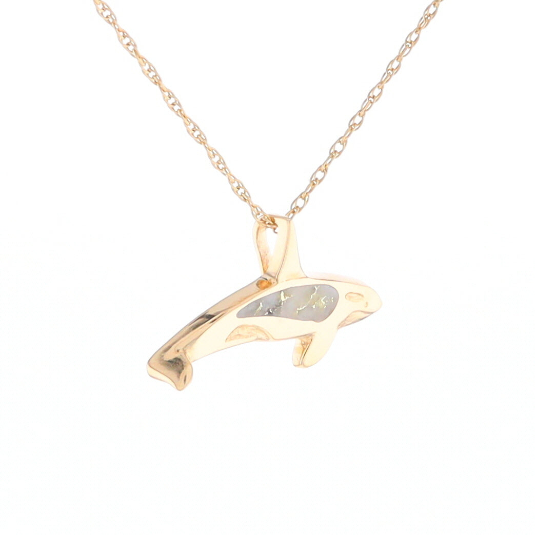 Gold Quartz Necklace Orca Killer Whale Inlaid Sea Life Pendant