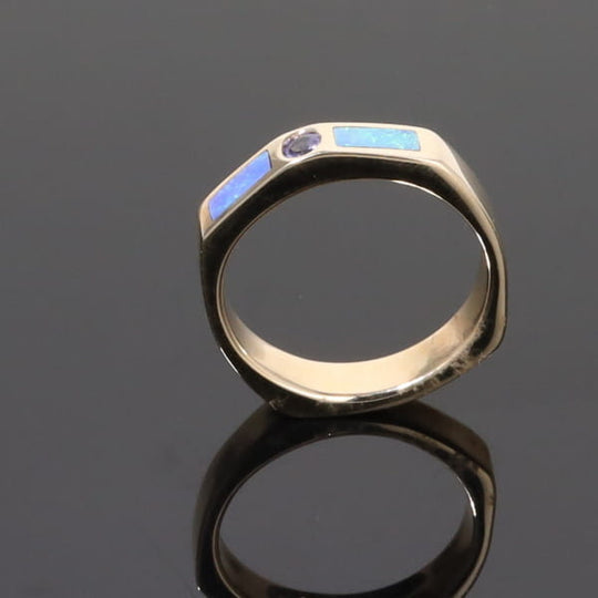 Opal Rings 2 Section Inlaid Design with Round Tanzanite