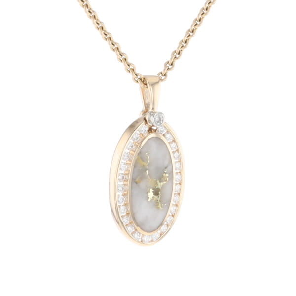 Gold Quartz Necklace .37ctw Halo Diamond Oval Inlaid Pendant