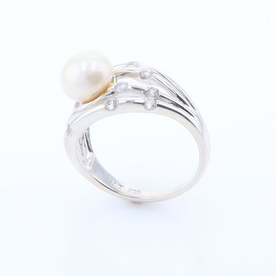 Pearl Bamboo Ring with Cubic Zirconia Accents