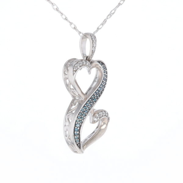 Blue and White Diamond Double Open Heart Pendant with 16" Singapore Chain