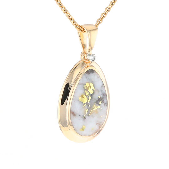 Gold Quartz Necklace Pear Shape Inlaid Pendant with .02ct Diamond