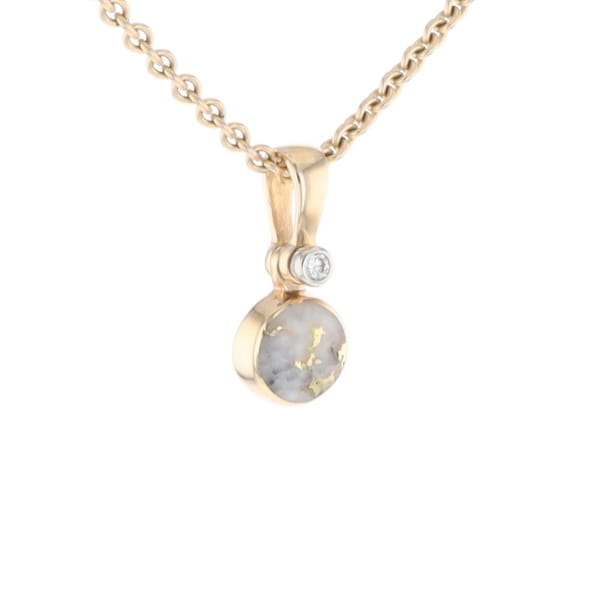 Gold Quartz Necklace Round Inlaid Pendant with .02ct Round Diamond