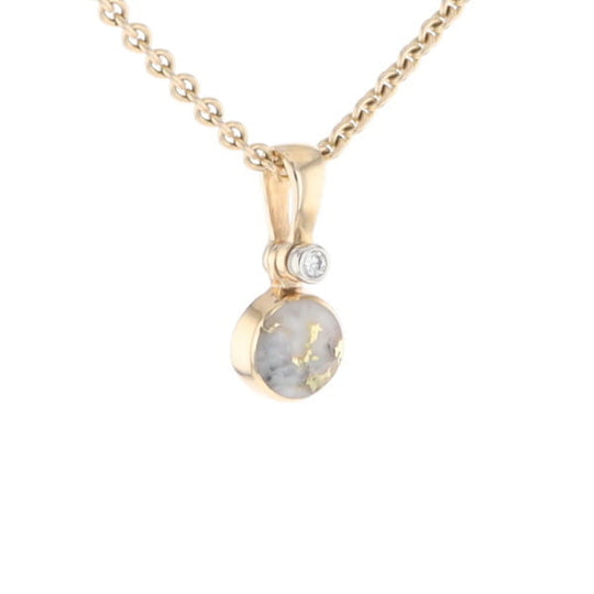 Gold Quartz Necklace Round Inlaid Pendant with .02ct Round Diamond