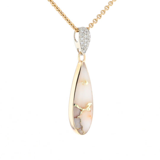 Gold Quartz Necklace, Tear Drop Inlaid Design with .11ctw Diamond Pave Pendant