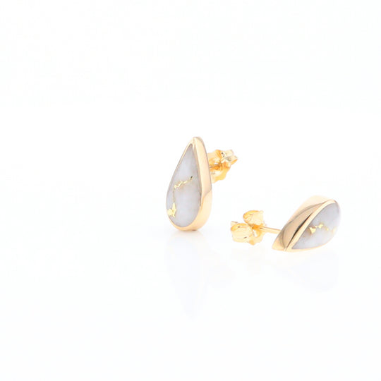 Gold Quartz Earrings Tear Drop Inlaid Studs