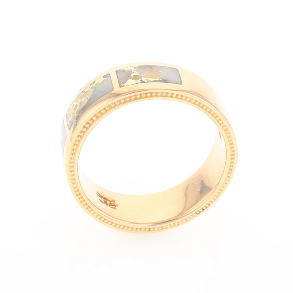 Gold Quartz Ring 3 Section Rectangle Inlaid Band with Milgrain Design