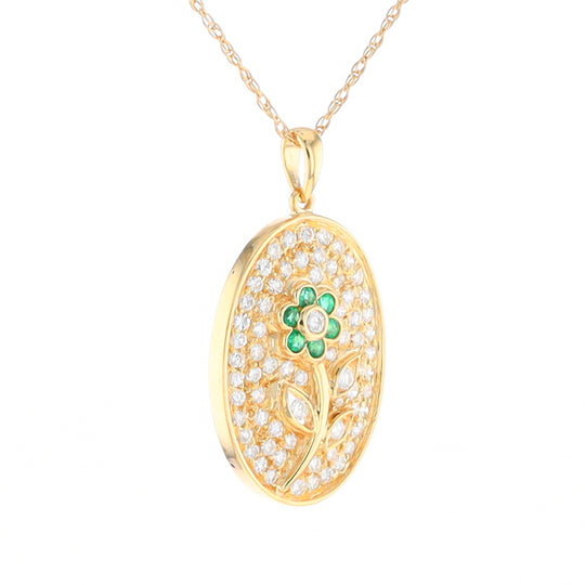 Emerald and Diamond Encrusted Oval Flower Pendant