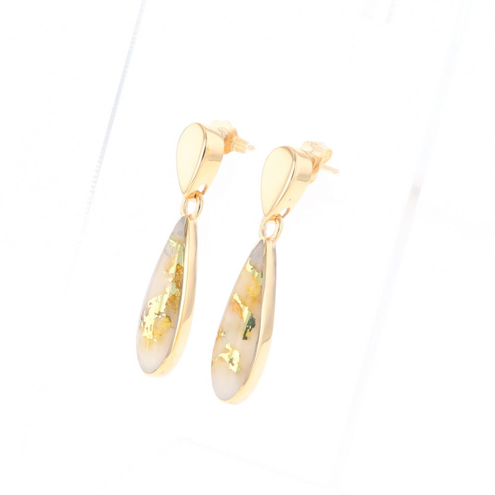 Gold Quartz Earrings Tear Drop Inlaid Design