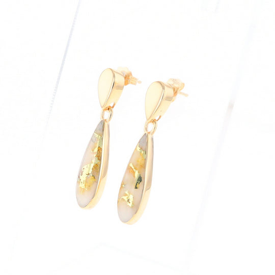 Gold Quartz Earrings Tear Drop Inlaid Design