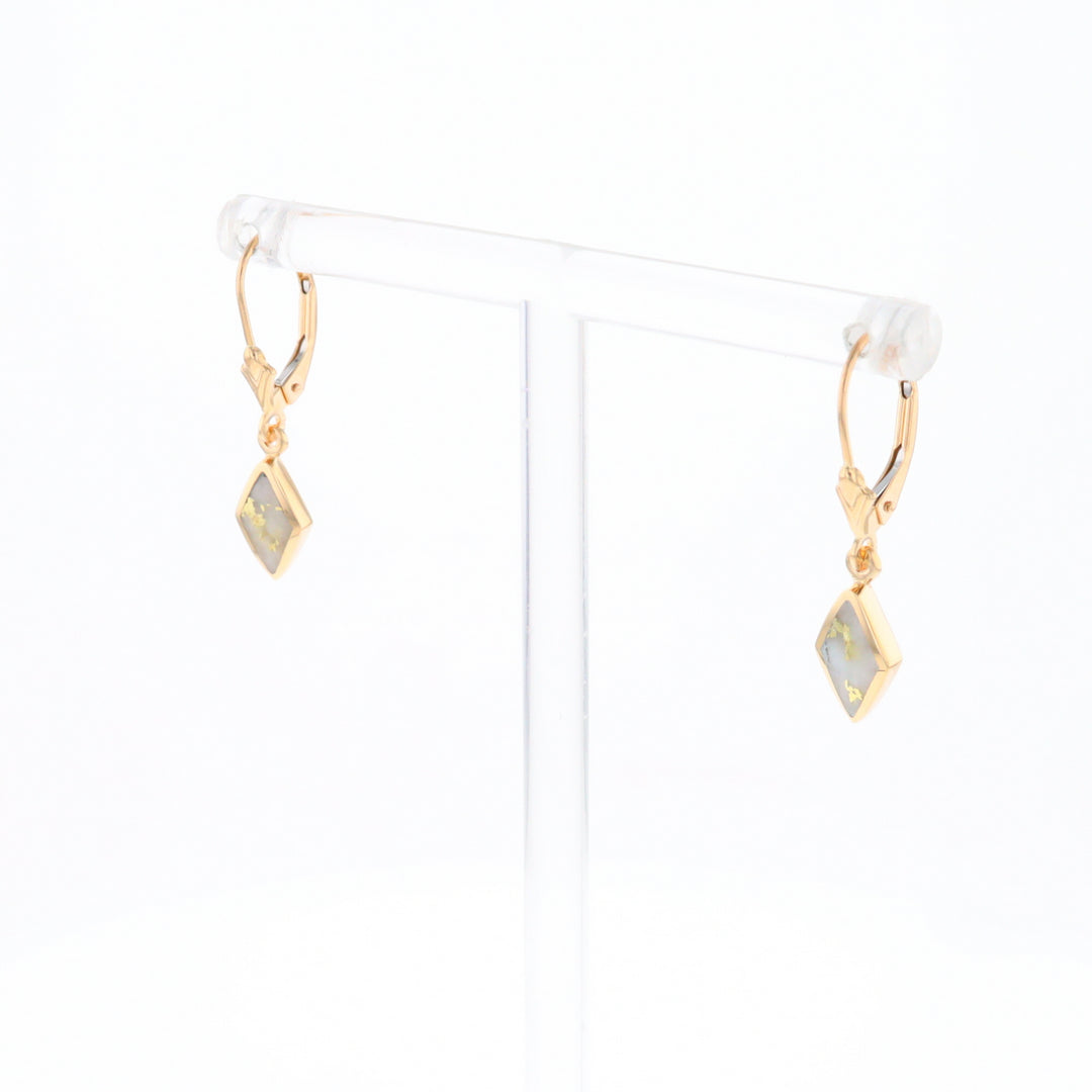 Gold Quartz Earrings Diamond Shape Inlaid Lever Backs G1