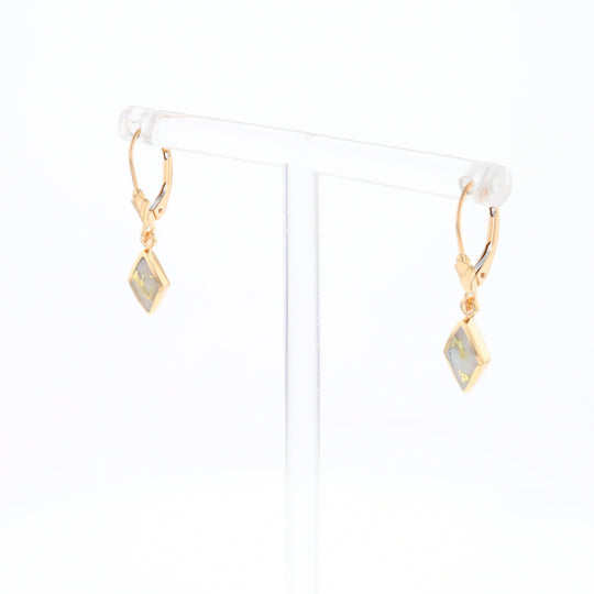 Gold Quartz Earrings Diamond Shape Inlaid Lever Backs G1