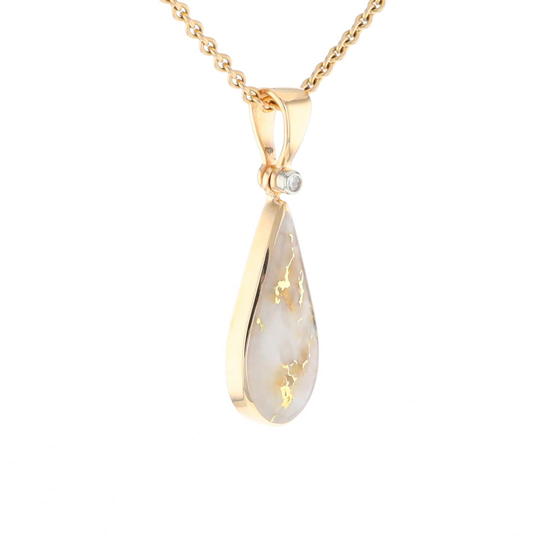 Gold Quartz Necklace Tear Drop Inlaid Pendant with .02ct Diamond