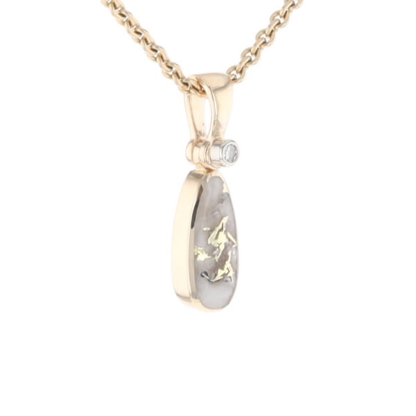Gold Quartz Necklace Pear Shape Inlaid Pendant with .02ct Diamond