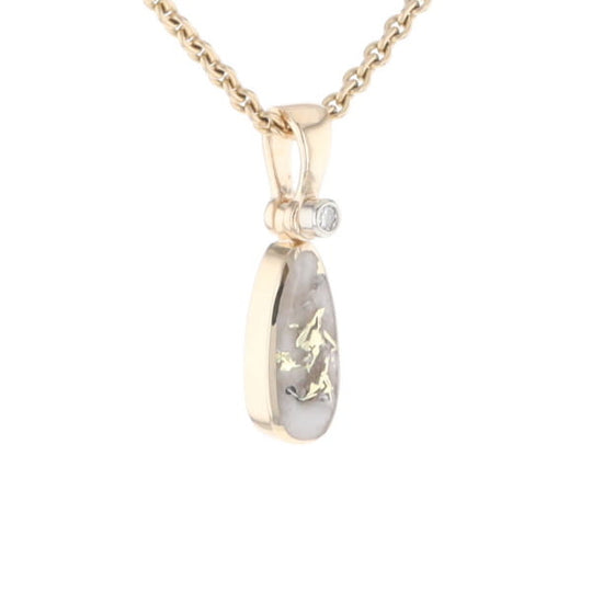 Gold Quartz Necklace Pear Shape Inlaid Pendant with .02ct Diamond