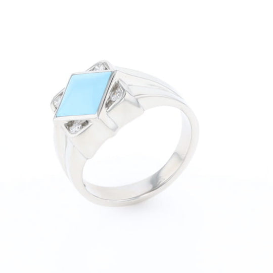 Natural Sleeping Beauty Turquoise ring diamond shape inlaid design with .16ctw round diamonds