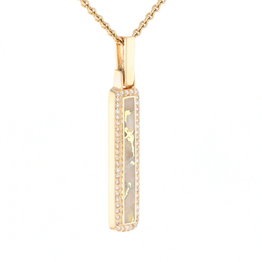 Gold Quartz Necklace, Rectangle Inlaid, .27ctw Diamond Halo Pendant