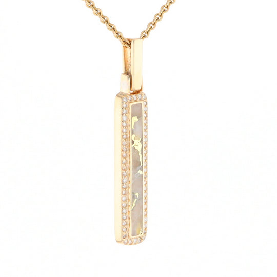 Gold Quartz Necklace, Rectangle Inlaid, .27ctw Diamond Halo Pendant