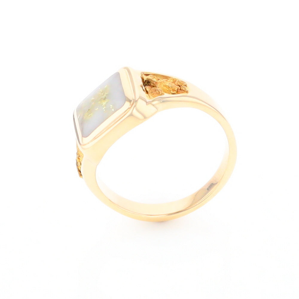 Gold Quartz Ring Square Inlaid Center Design with Natural Nugget Sides