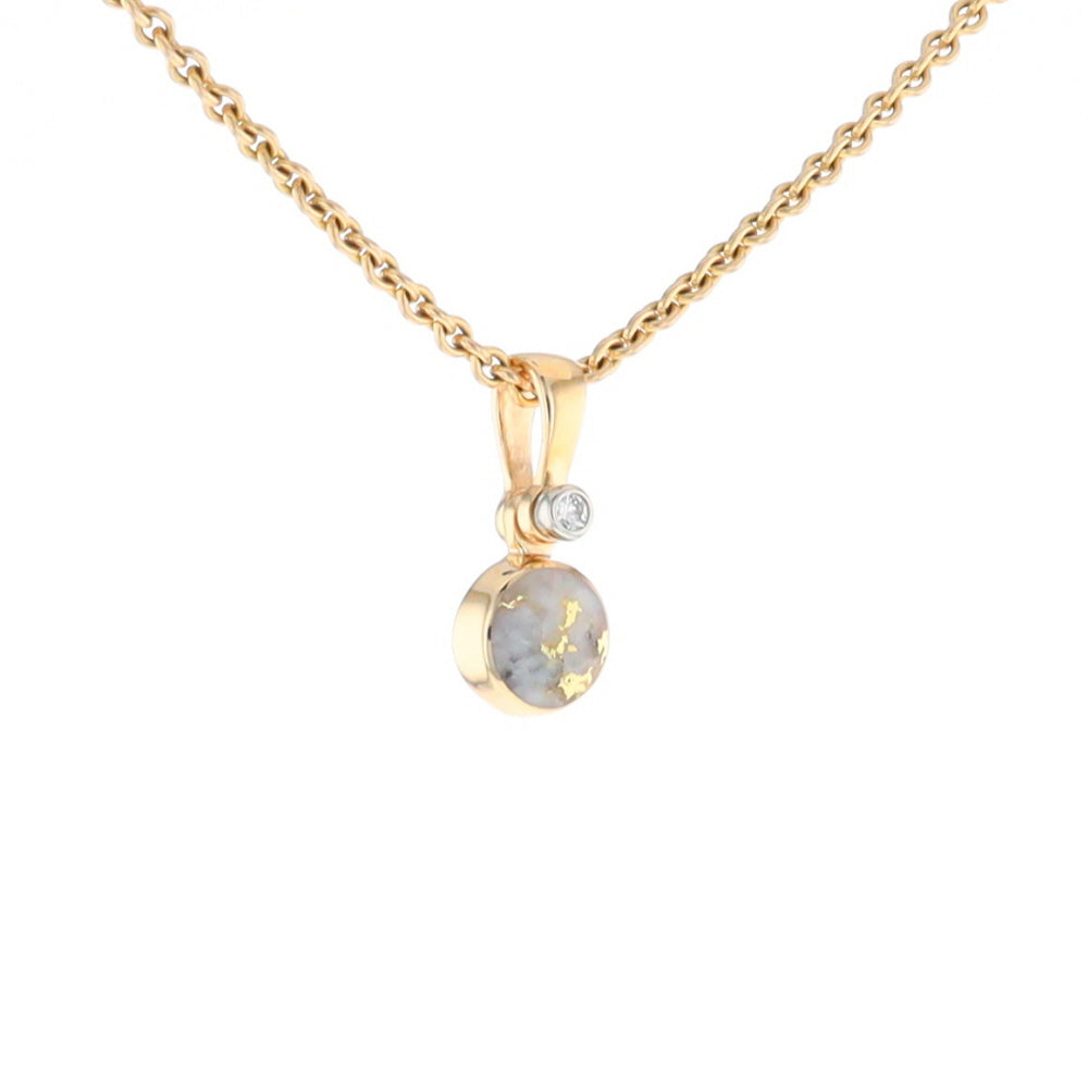 Gold Quartz Necklace Round Inlaid Pendant with .02ct Round Diamond