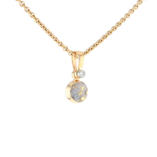 Gold Quartz Necklace Round Inlaid Pendant with .02ct Round Diamond