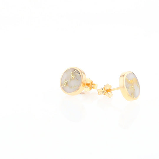 Gold Quartz Earrings 9mm Round Inlaid Studs - G2