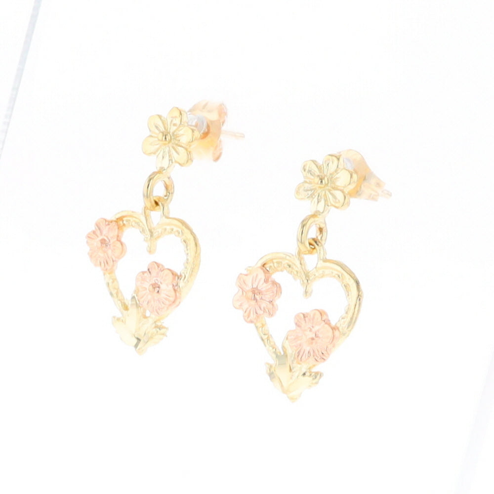 Black Hills Gold Heart & Flower Drop Earrings