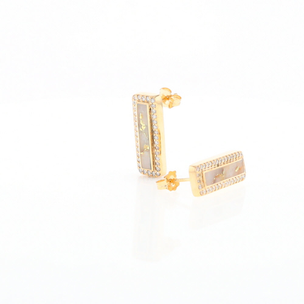 Gold Quartz Earrings Rectangle Inlaid with .50ctw Round Diamonds Halo Design - G2