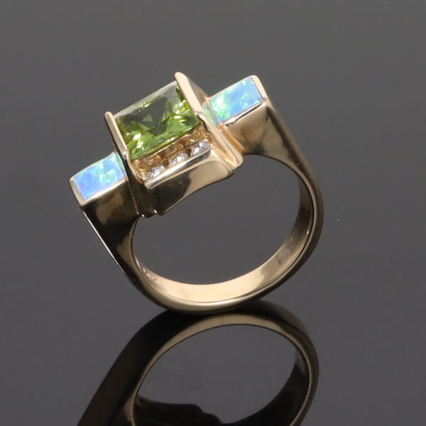 Opal Rings 2 Square Inlaid Peridot with 0.24ctw Diamonds