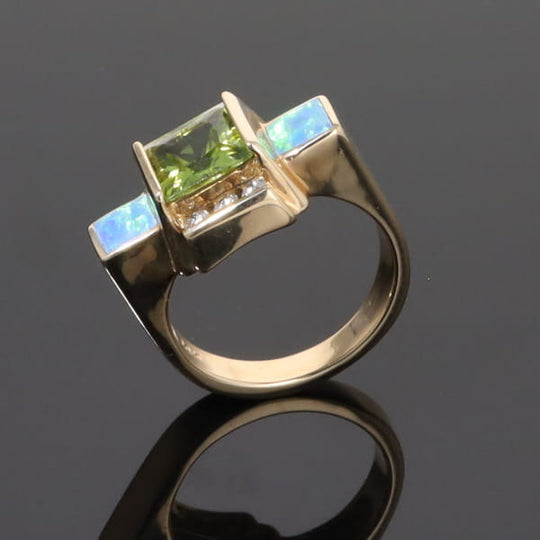 Opal Rings 2 Square Inlaid Peridot with 0.24ctw Diamonds