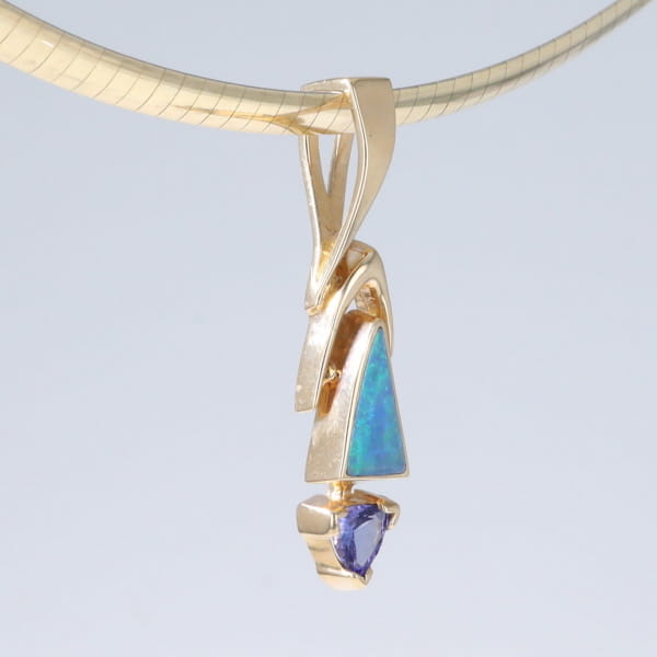 Opal Pendant Triangle Inlaid Design with Trillion Cut Tanzanite