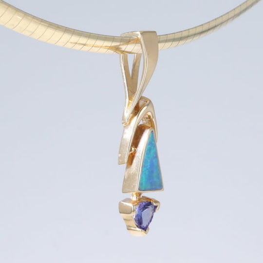 Opal Pendant Triangle Inlaid Design with Trillion Cut Tanzanite