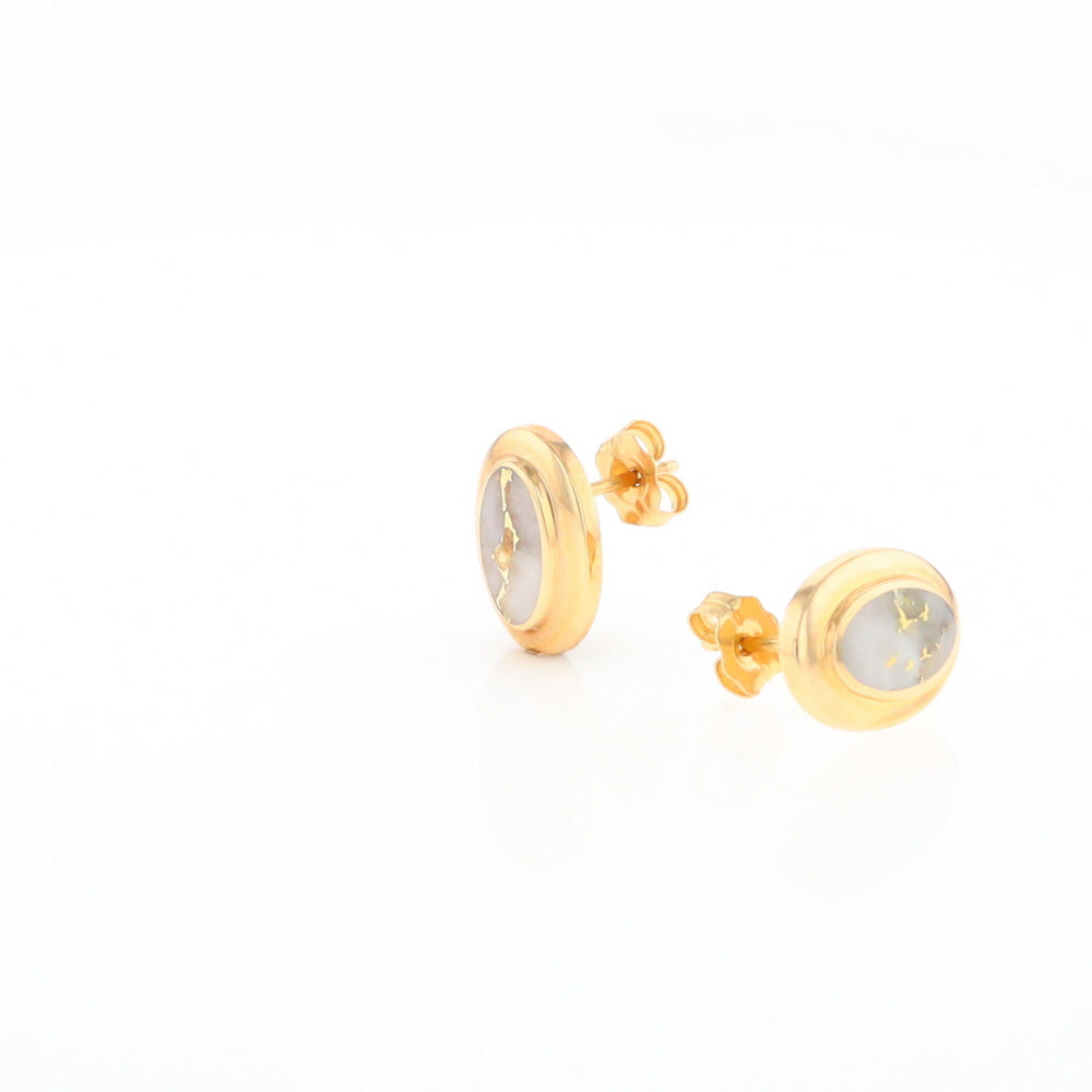 Gold Quartz Earrings Oval Inlaid Design Studs G2