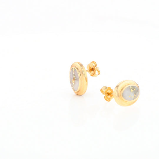 Gold Quartz Earrings Oval Inlaid Design Studs G2