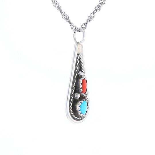 Native Turquoise & Coral Teardrop Pendant