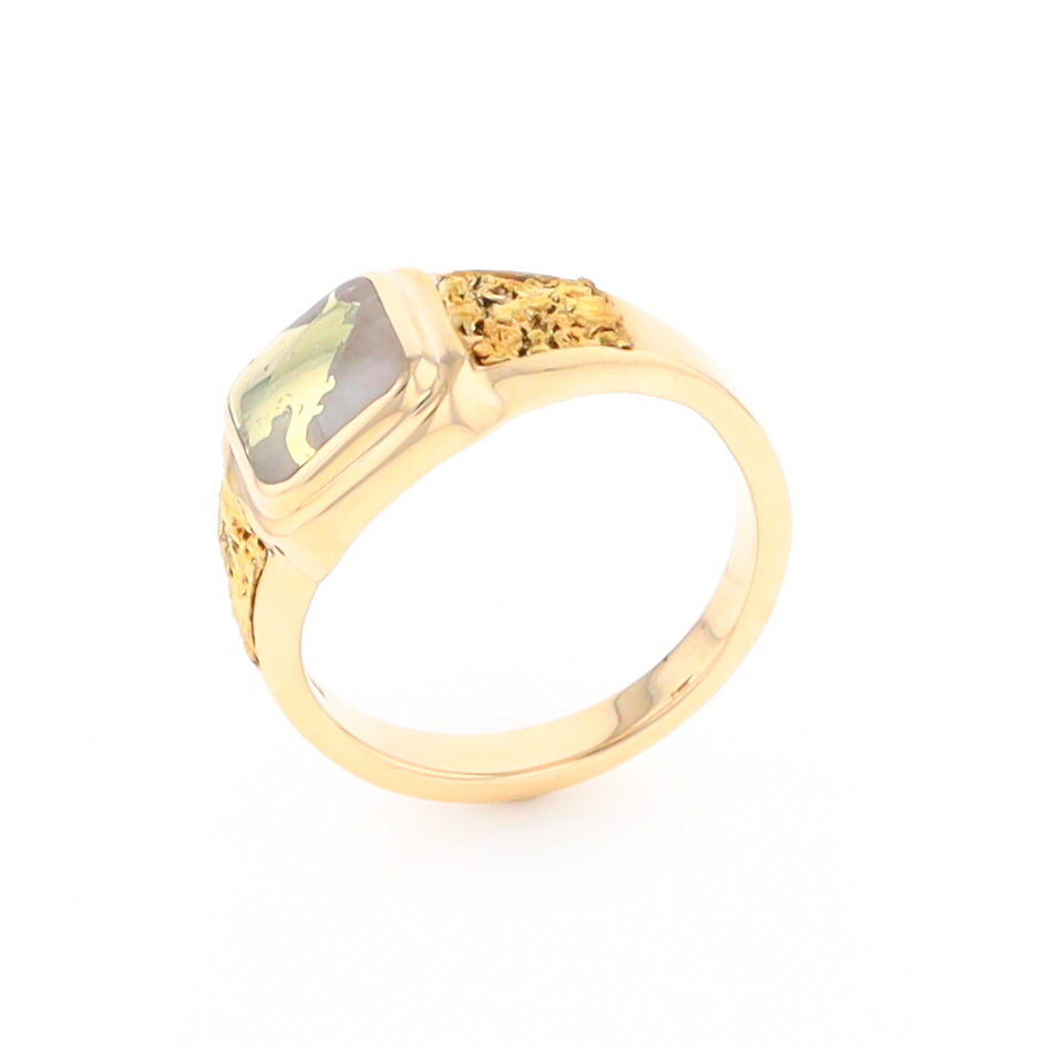 Gold Quartz Ring Square Inlaid Design Double Natural Nugget Sides